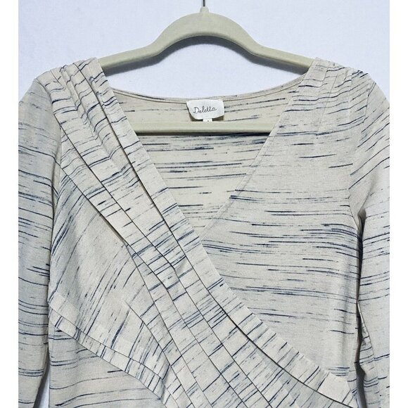 Anthropologie Deletta Womens Medium Ivory Blue Pleated Top V Neck Stretch - Picture 3 of 7